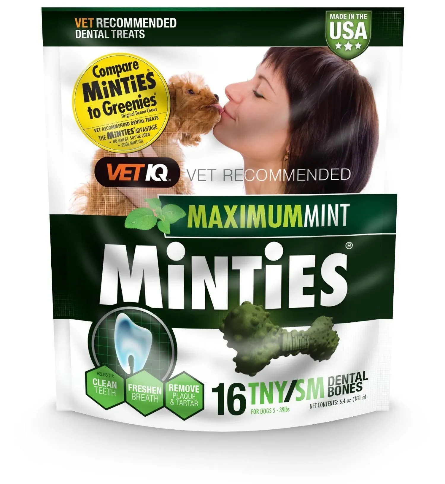 VetIQ Dental Bones, Maximum Mint, Tny/Sm, Minties, for Dogs 5-39 lbs - 16 bones, 6.4 oz