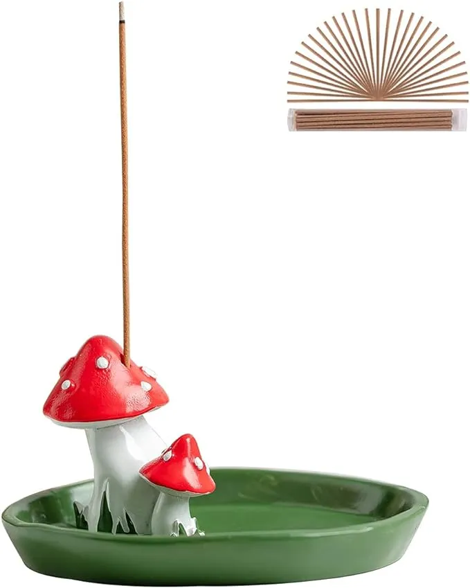 Cute Mushroom Incense Holder with 30 Incense Sticks, Handmade Incense Stick Burner, Nature Theme Incense Tray, Adorable Home Decoration Accessories(Green)