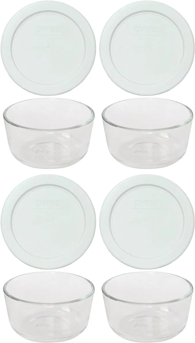 Pyrex 7202 1 Cup Glass Dish & 7202-PC 1 Cup White Replacement Lid Cover (4-Pack)