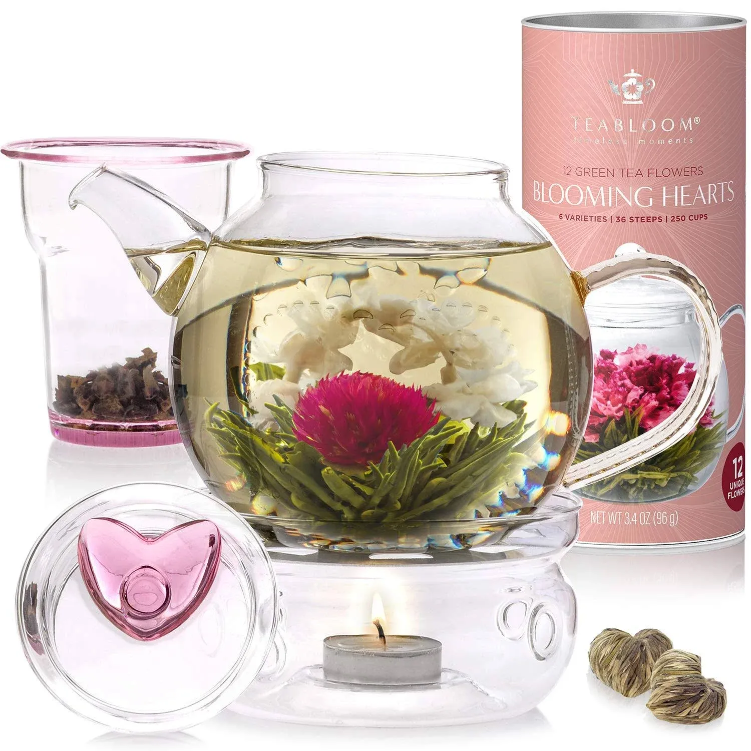 Teabloom Eternal Love Flowering Tea & Teapot Gift Set - 36 oz Glass Teapot, Hear