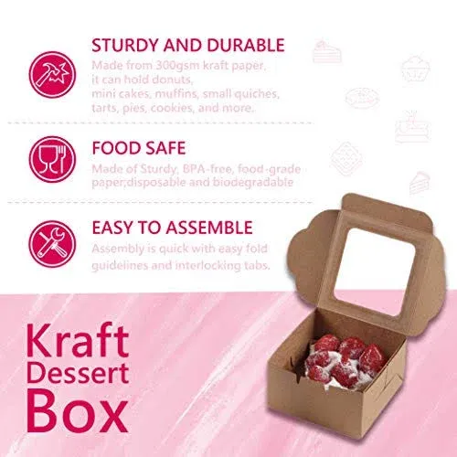 Juvale 25 Pack Kraft Paper Cake Box with Display Window, 4 x 4 x 2.3 Inches, Brown