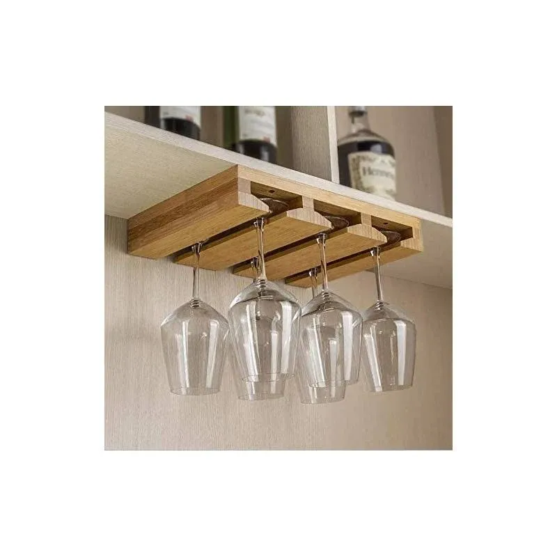 Bamboo Wine Glass Holder, Hold Up to 6 Wine Glasses, Hanging Stemware Display Rack, Under Cabinet Mounted Wine Glass Drying Storage Hanger Organizer Rack (6-glass)