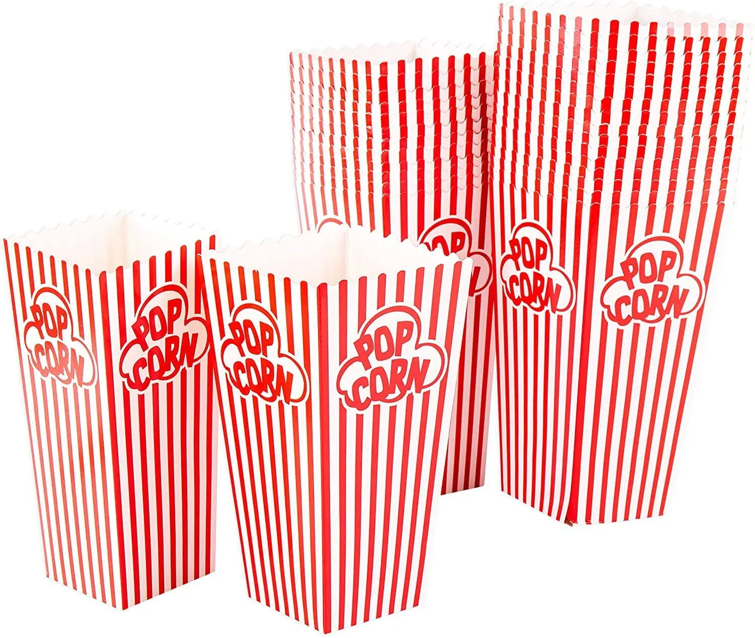 Popcorn Containers Boxes (100 Pack) - Striped White and Red Paper - for Home Mov