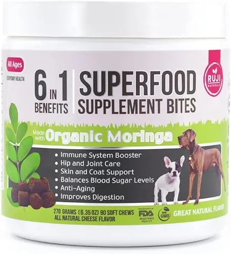 6 in 1 Superfood Dog Supplement with Organic Moringa | Treats for Immune System and Overall Health | Pets All Natural Multivitamins - 90 Chews