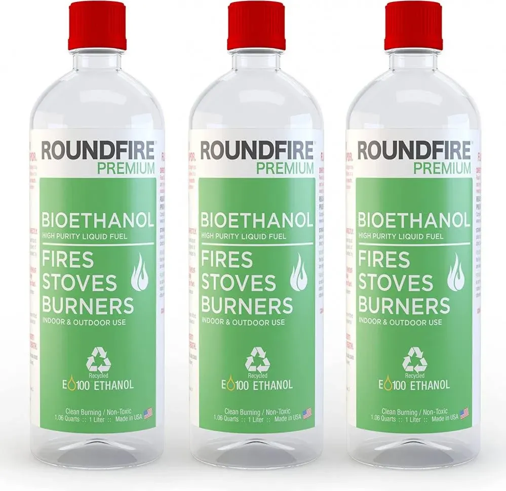 Roundfire Premium Ethanol Fireplace Fuel - 3 x 1 Liter - Fuel for Fire, Bioethanol Fuel Tabletop Fire Pit, Bio Ethanol Fuel for Table Top Fire Pit, Denatured Alcohol Fuel for Gel & Ethanol Fire pits.