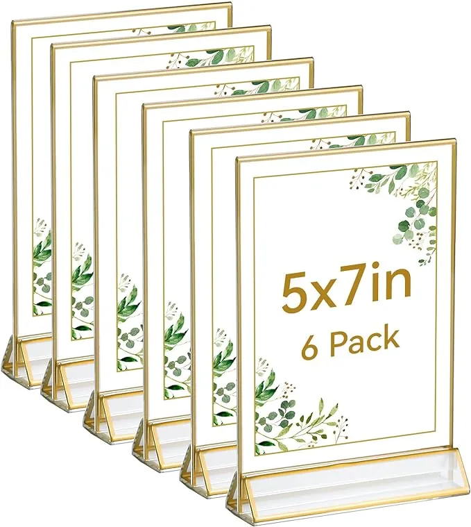 UNIQOOO Acrylic Sign Holders with Golden Border, Portrait View, Pack of 6 | 5x7 Double Sided Clear Frame