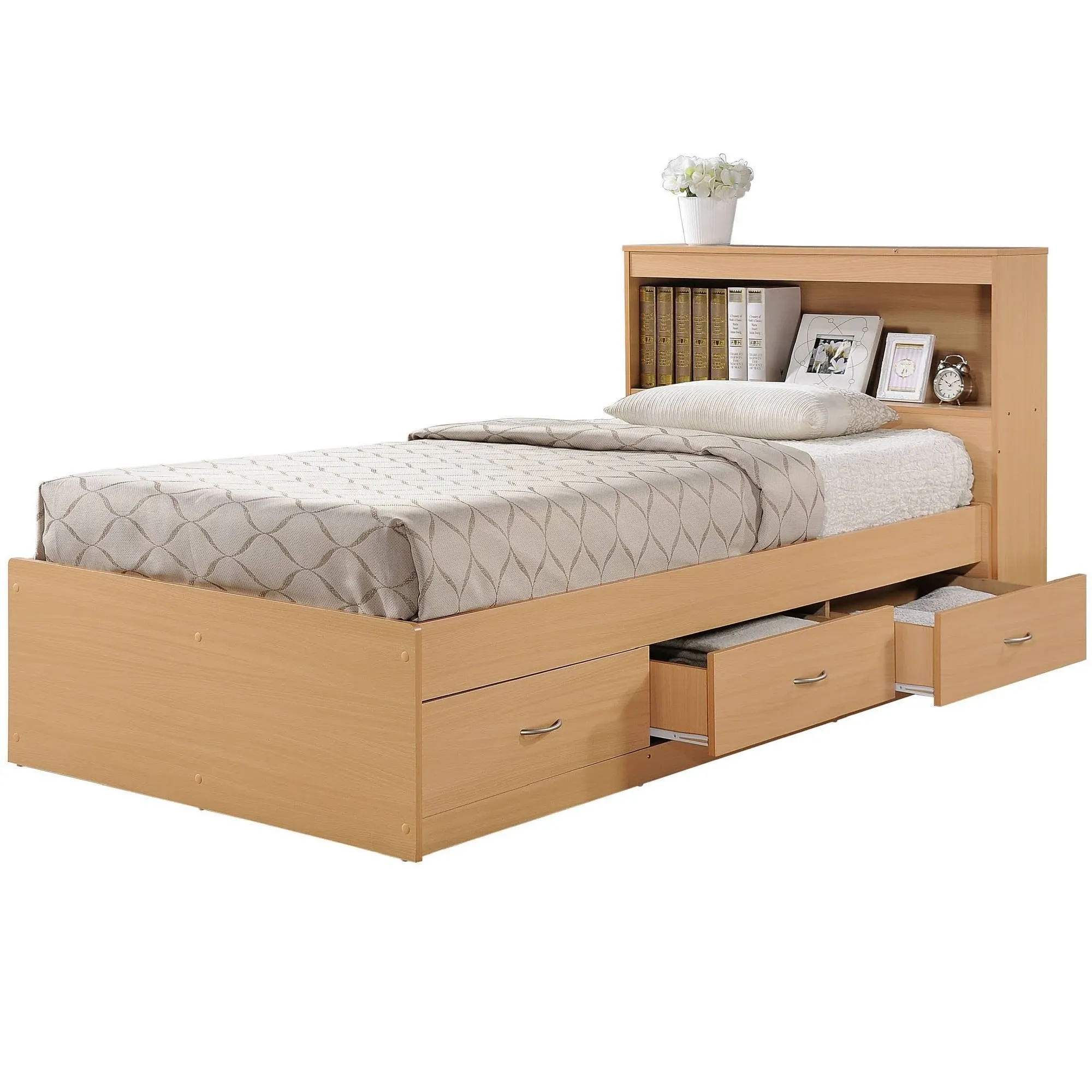 Hodedah Twin-Size Captain Bed with 3-Drawers and Headboard in Beech