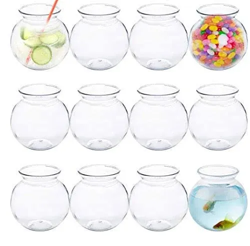 Small Round Plastic Fish Bowls for Parties (12 Pack) 16 oz Clear Mini Drink Bowl, Shatterproof Fishbowl Glasses for Drinks, Centerpieces, Decorations, Goldfish Pond Carnival Game, Centerpiece Vases