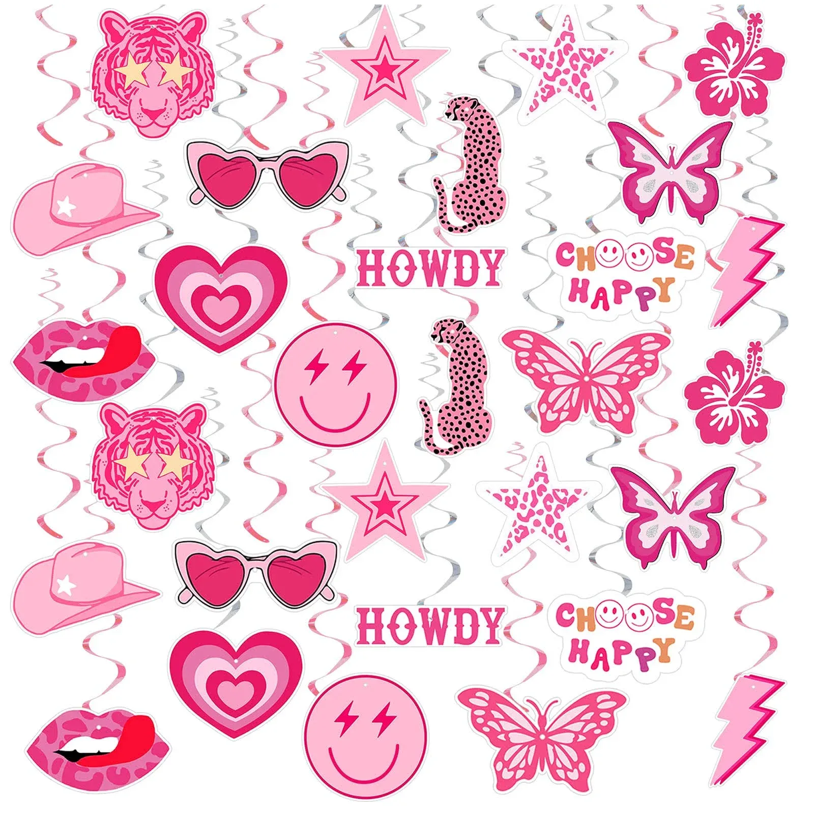 30 Sets Preppy Party Decorations, Preppy Party Swirl Decorations, Preppy Hanging Banners, Y2k Hot Pink Lips Face Lightning Leopard Ceiling Whirl Streamers Birthday Decorations Supplies