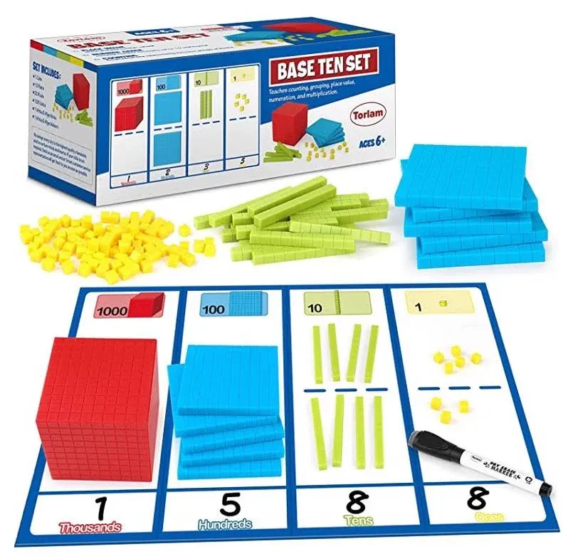 Torlam 131 PCS Base Ten Blocks for Math - Place Value Blocks, Plastic Base 10 Math Manipulatives 1st Grade, Math Counters, Number Blocks, Math Cubes, Counting Cubes for Kids Math