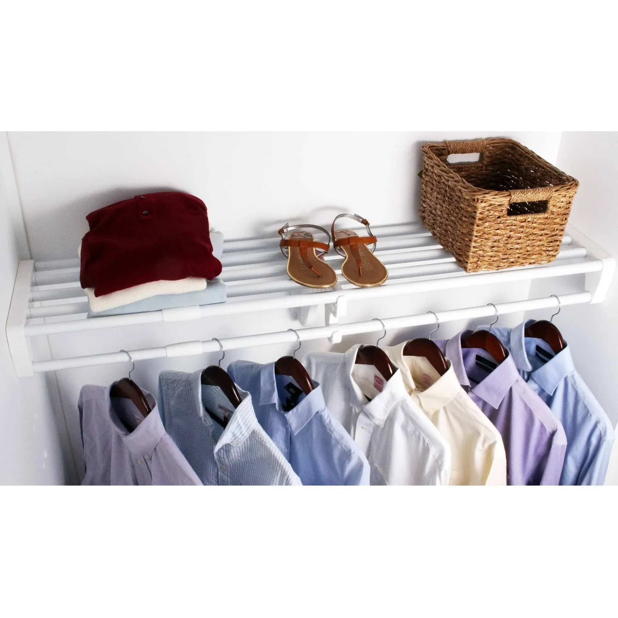 Ez Closet Shelf 73.3&#034; Adjustable Corrosion-Resi<wbr/>stant Metal White W/ Closet Rod