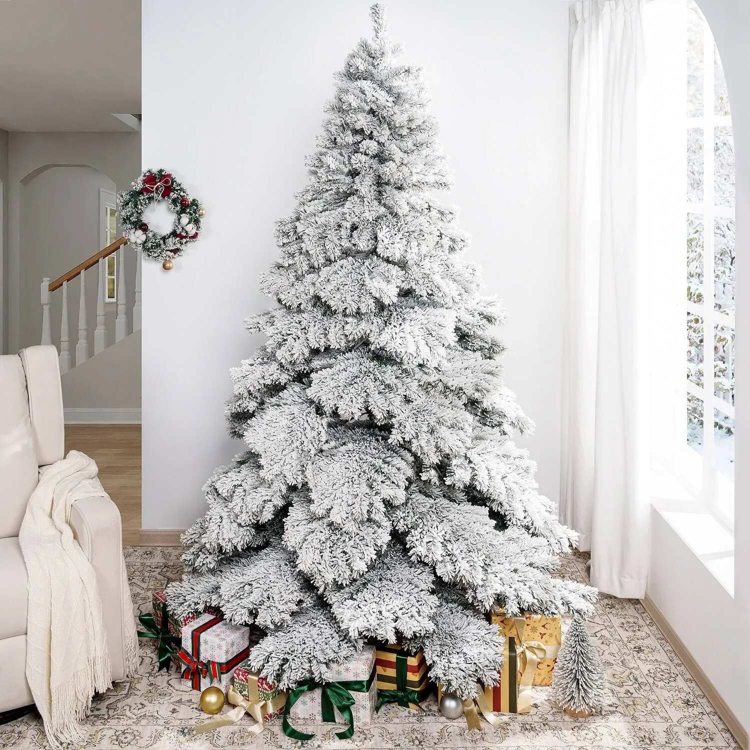 Naomi Home 6.5ft Snow Flocked Christmas Tree with Lights, Realistic Frosted Christmas Tree Prelit with 892 Branch Tips, 450 Warm Lights and Metal