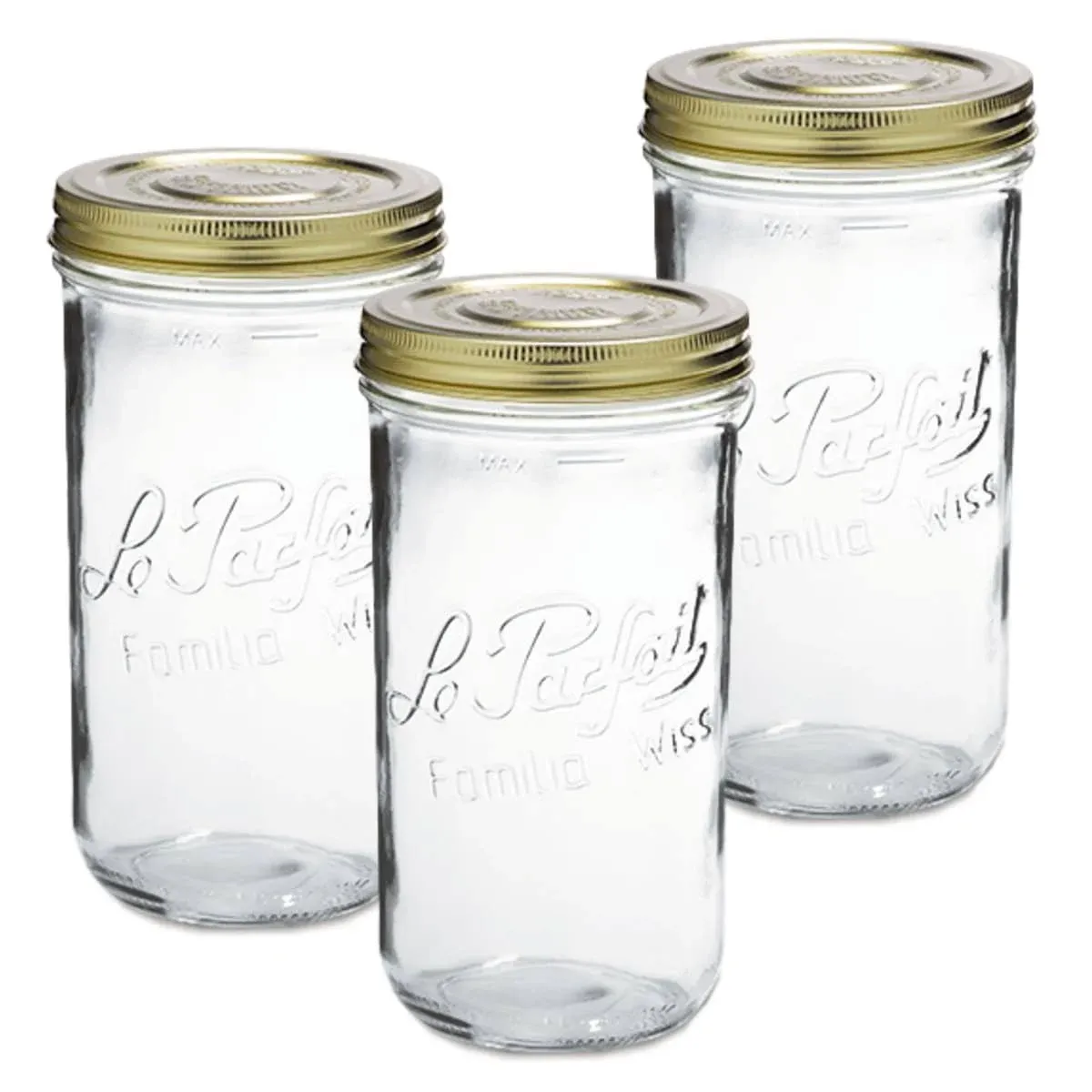 Le Parfait Familia Wiss Terrine Wide Mouth French Glass Jar w/Airtight 2-Piece System Gold Lid | Ideal for Canning, Food Storage, Meal Prep, Cake Jar & DIY Crafts | 48oz Quart/Half (Pack of 3) 1.5L