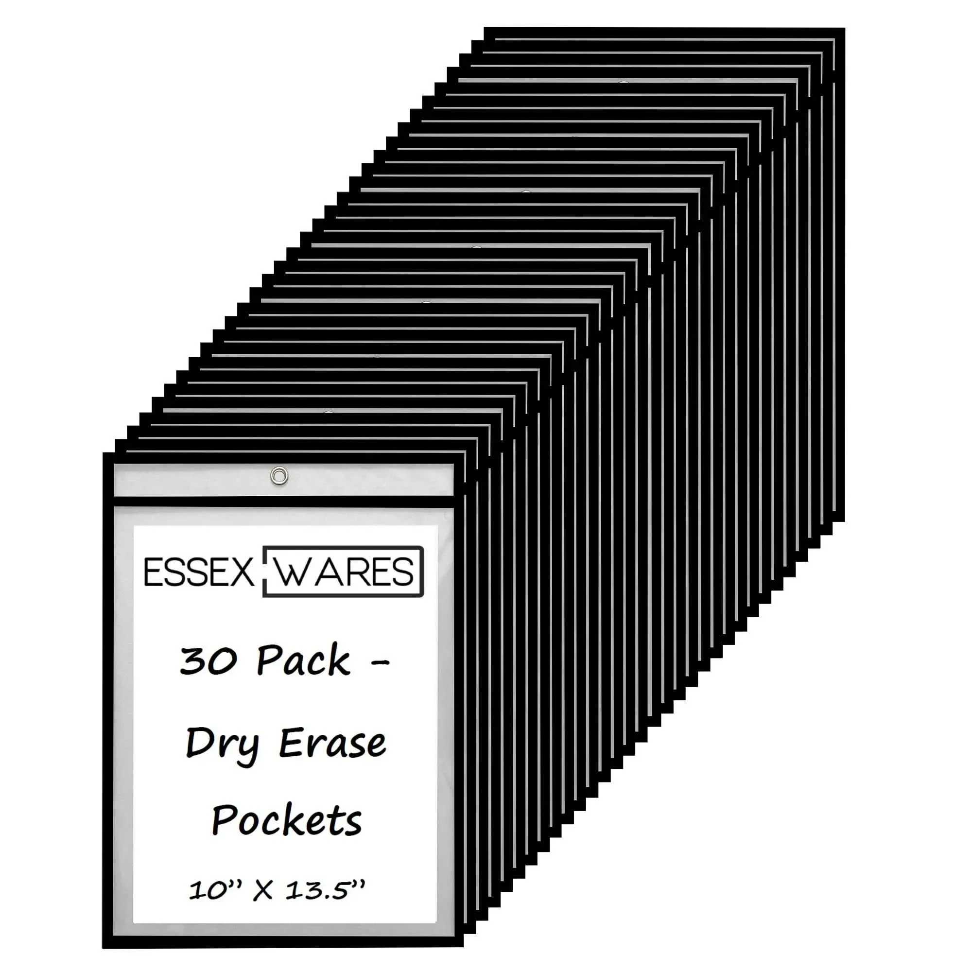 30 Pack, Black, Dry Erase Pocket Document Protectors, 10" Wide x 13.5" Tall - Dry Erase Clear Plastic Sleeves - Reusable & Easy Erase Plastic Invoice Holders, Water-Resistant & Durable