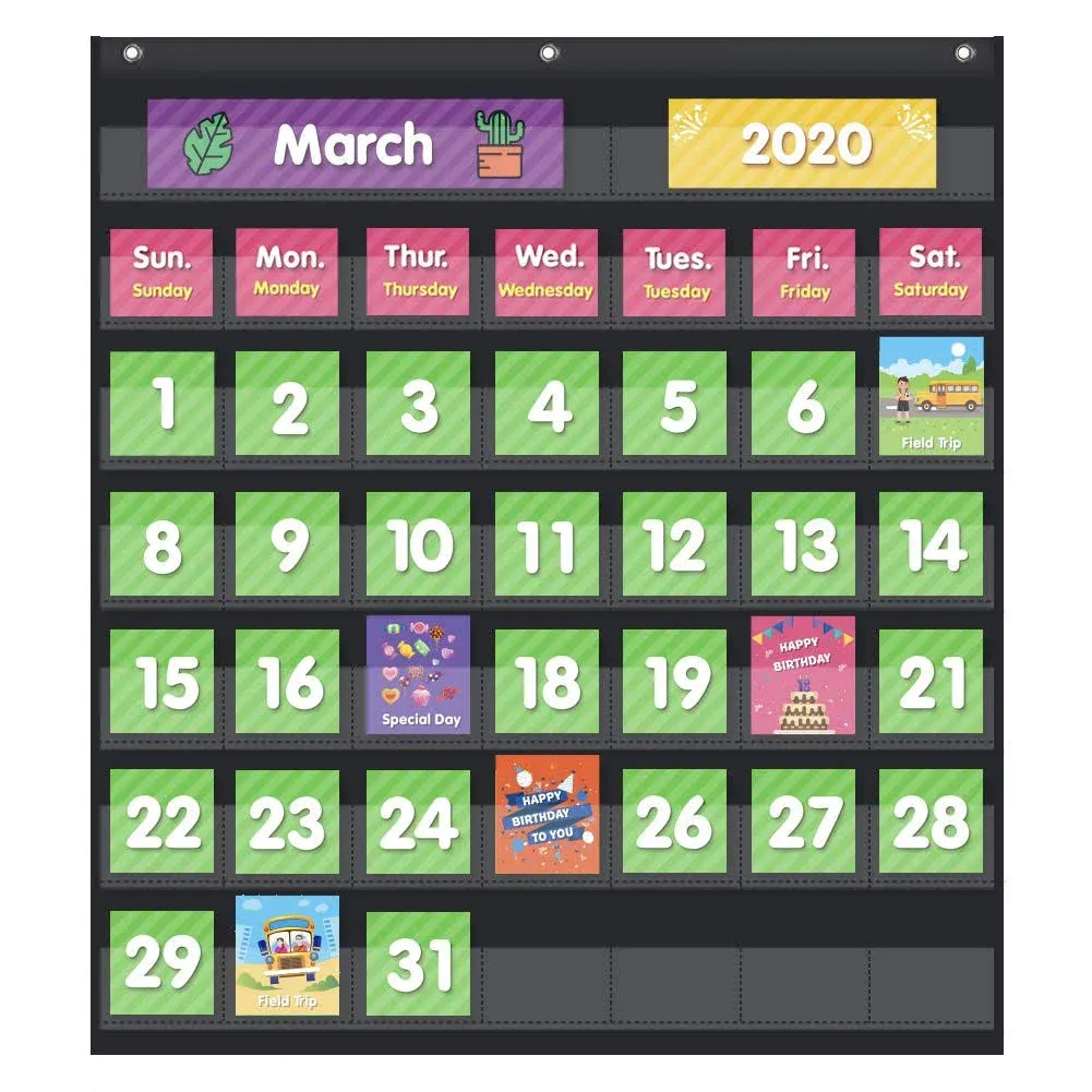 Classroom Monthly Calendar Pocket Chart with 71 Cards for Kids Learning for H...