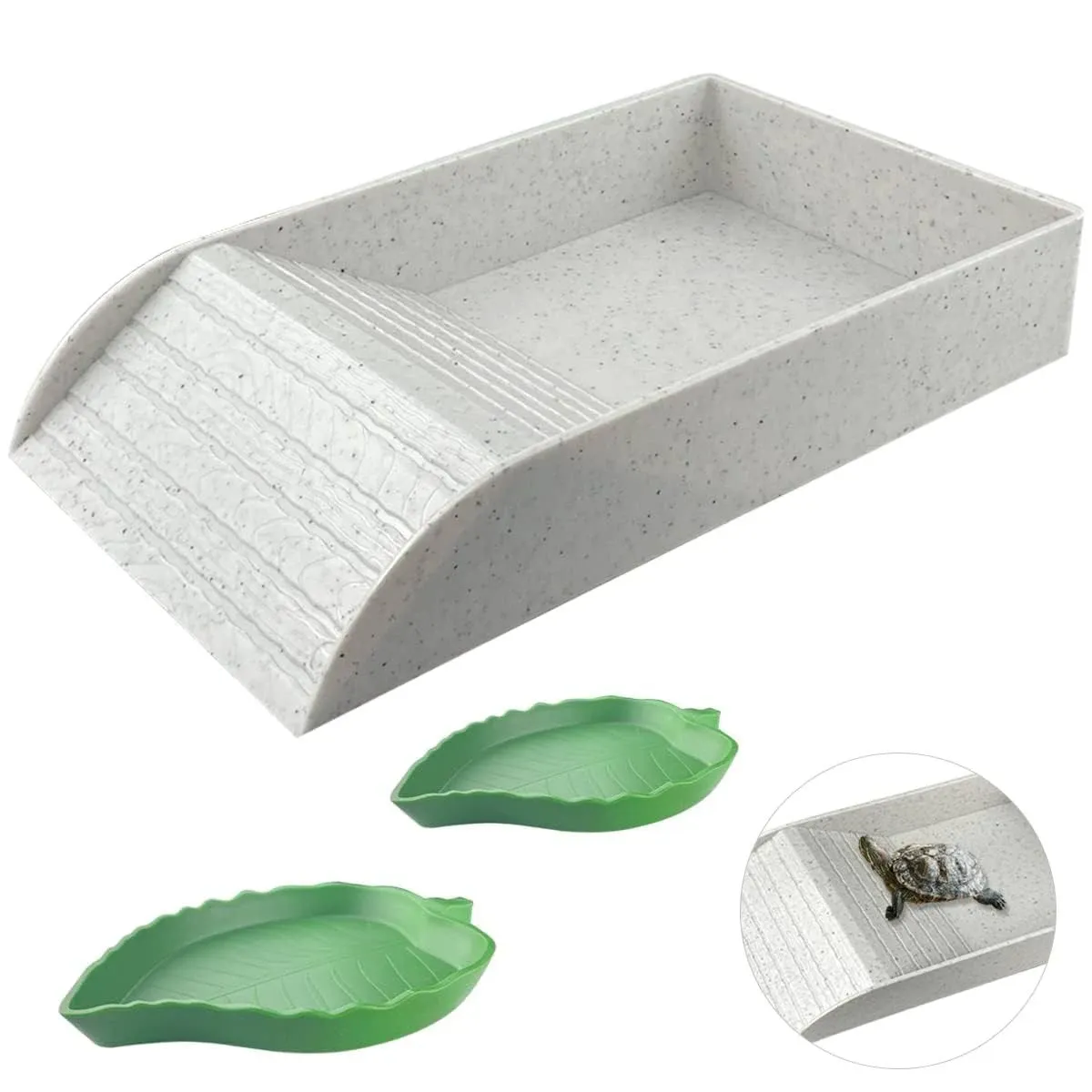 Quaocens 3 PCS Tortoise Food Dish with Ramp and Tortoise Water Bowl,Gray Reptile Water Bowl,Reptile Water Dish Amphibians Habitat