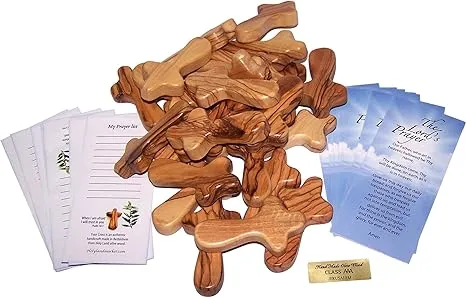 Holy Land Market 25 Small Olive Wood Hand Crosses - 2.5 Inch Pocket Palm Crucifix | Handmade Jerusalem Crosses - Christian Gifts with Certificates & Lord Prayer Card | Meditation & Prayer Crosses