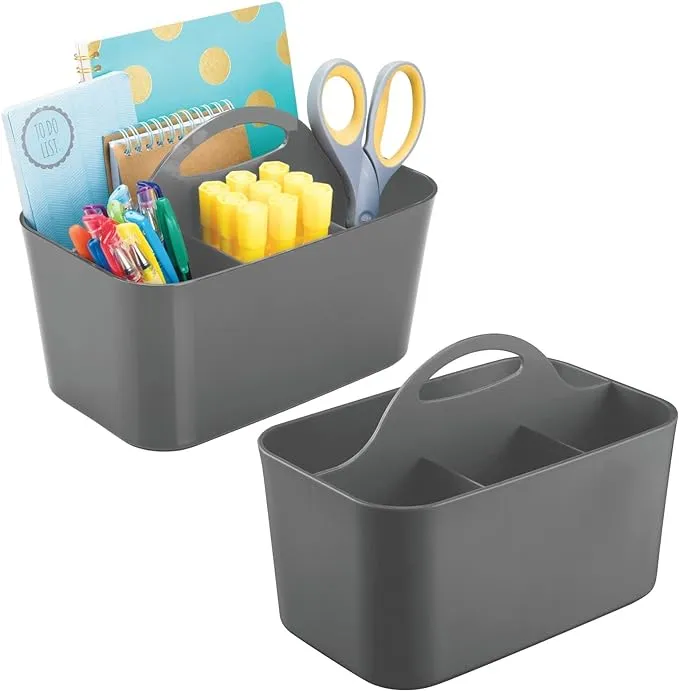 mDesign Small Plastic Caddy Tote for Desktop Office Supplies, 2 Pack, Dark Gray