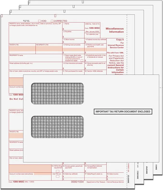 2023 1099-MISC Miscellaneous Income Preprinted 4-Part 2-Up Tax Packs with Envelopes (Self-Seal) and 1096 Transmittal Forms | Qty for 10 Vendors