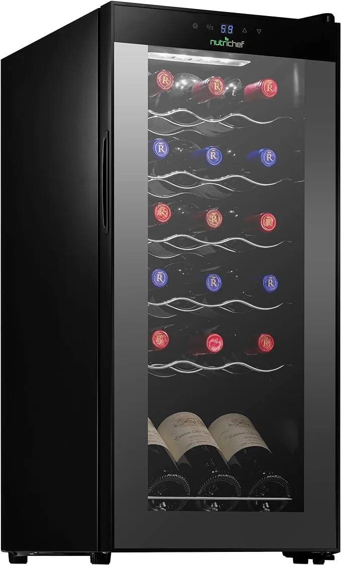 Nutrichef 18 Bottle Slim Wine Fridge | Red & White Wine Chiller | Adjustable Temperature Control 41°F to 64°F | Ultra Quiet Operation | Mini Wine Cooler for Home & Office, 30x13x17 IN