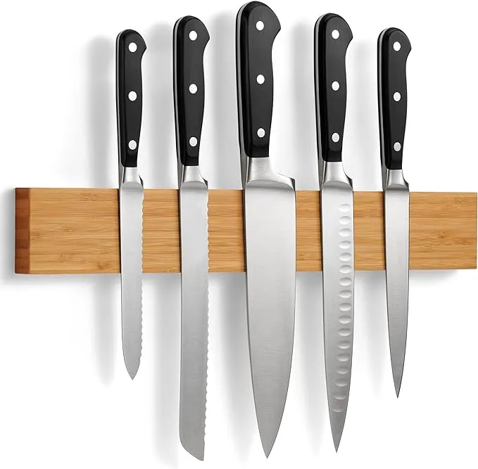 LARHN Magnetic Knife Holder for Wall, 16″ - Powerful Knife Magnetic Strip for Knives, Utensils and Tools - Not Compatible with Refrigerators - 100% Solid Bamboo