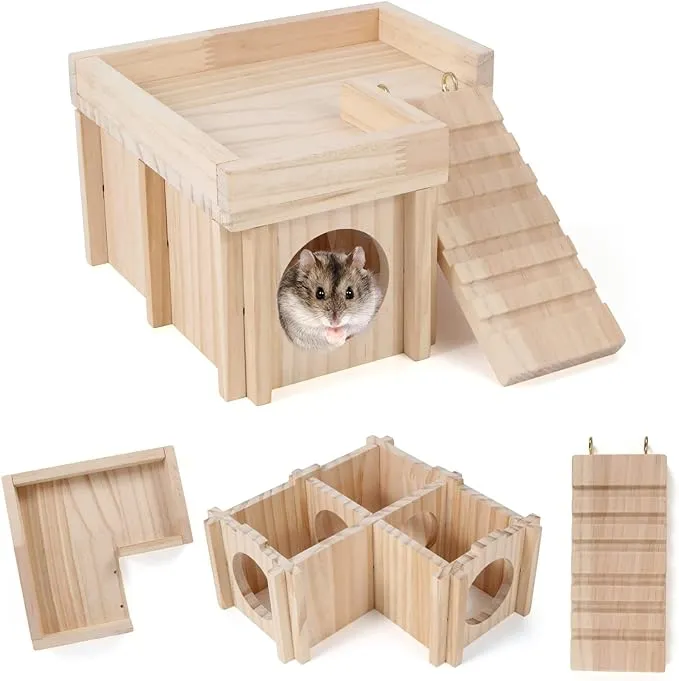 Chngeary Hamster House and Hideout: Multi Chamber Wooden Hamster Tunnel ...