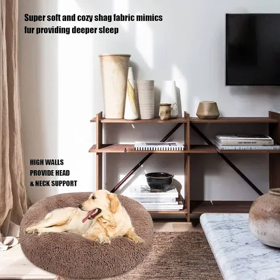 Calming Dog Bed Cat Donut Cuddler, Anti Anxiety Large 36&#034; x 36&#034;, Brown 