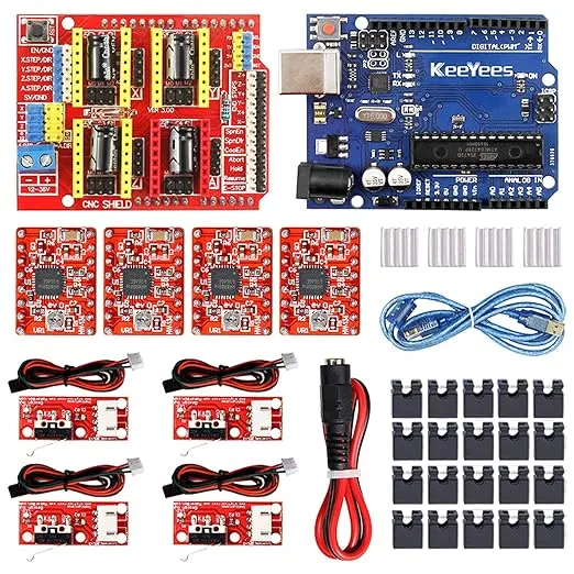 KeeYees Professional 3D Printer CNC Kit with E-Tutorial - CNC Shield Expansion Board V3.0 Board A4988 Stepper Motor Driver DC Power Cable Mechanical Switch Endstop with Jumper caps