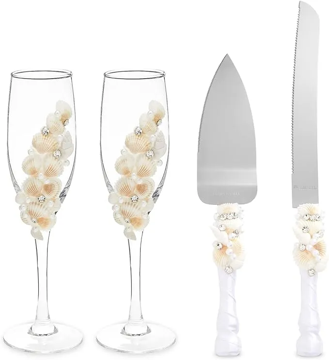 4 Piece Cake Knife and Server Set with Seashell Champagne Glasses for Beach ...