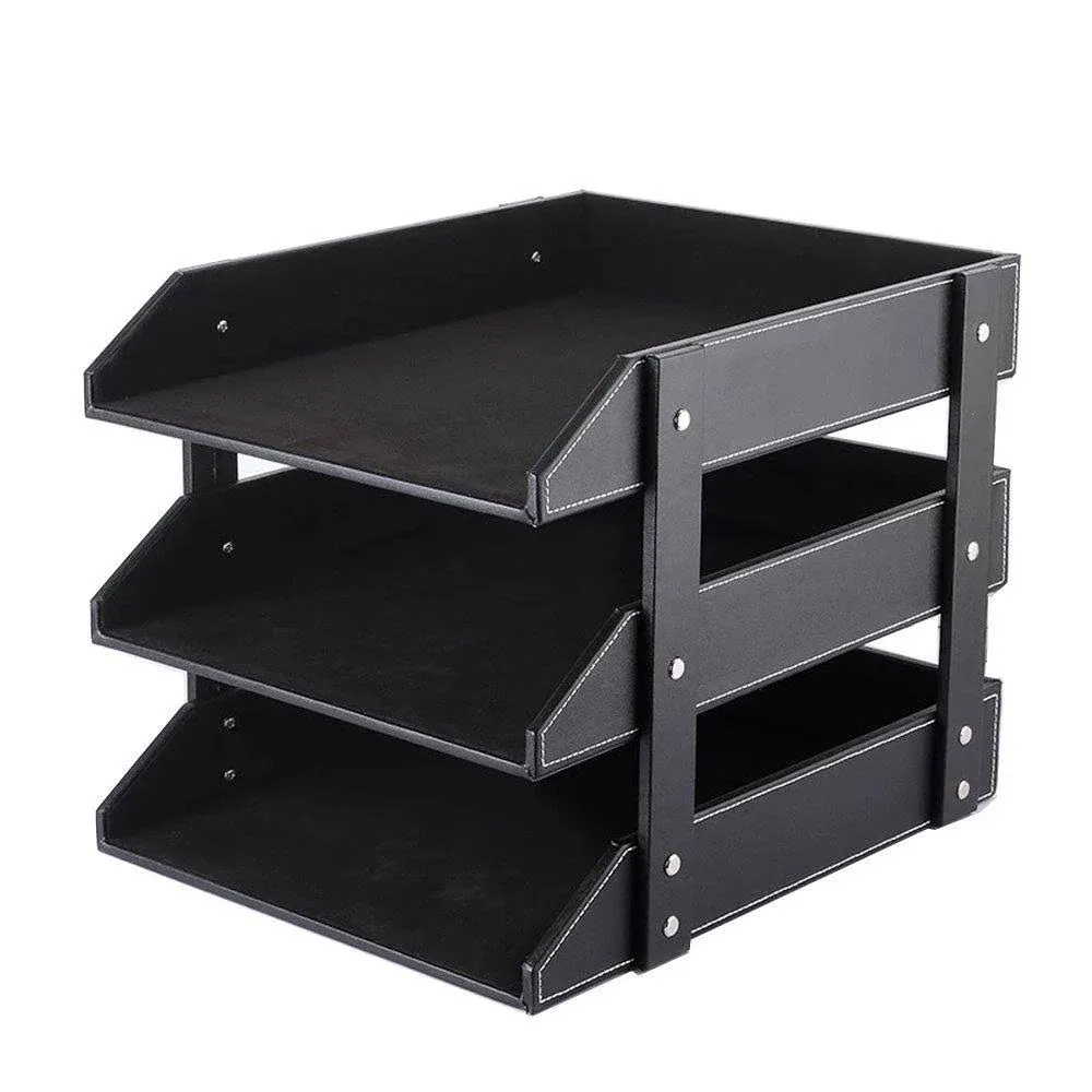 Black Faux Leather Desktop File Sorter Organizer Tray, 3-Layer, Unionbasic.