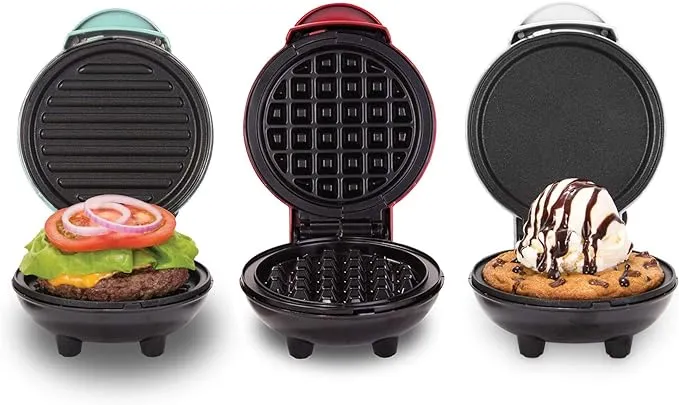 DASH Mini Waffle Maker + Grill + Griddle, 3 in 1 Pack - Red/Aqua/White