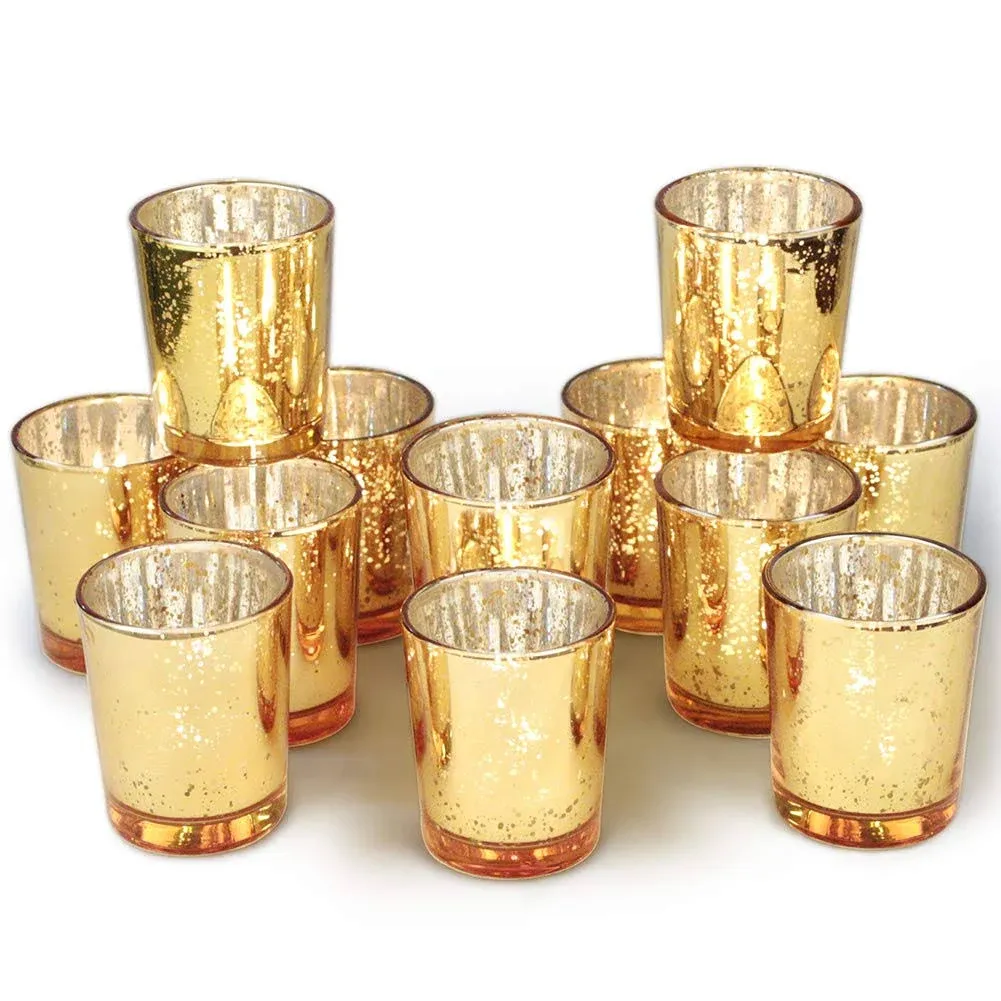 Volens Gold Votive Candle Holders Bulk, Mercury Glass Tealight Candle Holder Set of 12 for Wedding Decor and Home Decor