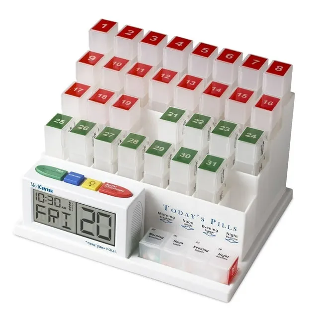 Medcenter 31-Day Pill Organizer with 4 Compartments and Alarm Clock – for Medications and Vitamins