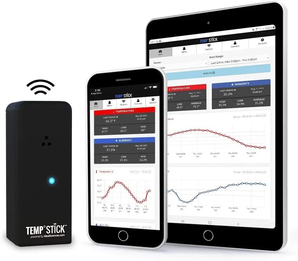 Temp Stick Remote WiFi Temperature & Humidity Sensor. No Subscription. 24/7 Monitor, Unlimited Text, Push & Email Alerts. Free Apps, Made in America. Use with Alexa, IFTTT. Monitor Anywhere, Anytime.