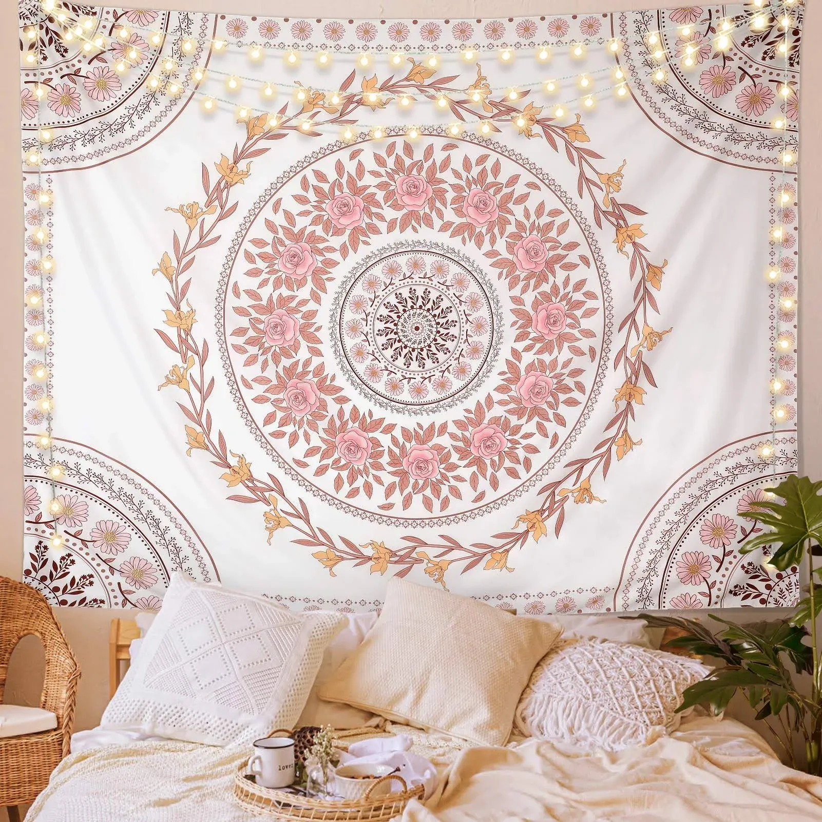 FLY SPRAY Mandala Tapestry Aesthetic,Boho Tapestry Wall Hanging,Pink Floral Medallion Tapestries,Bohemian Wall Art Hippie Decor for Bedroom Living Room Dorm