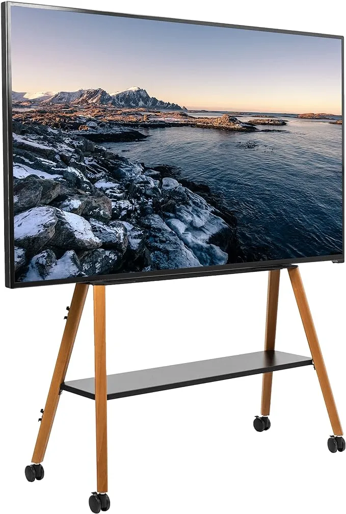 VIVO Rolling Artistic Easel 49 to 75 inch LED LCD Screen Mobile Studio TV Display Stand, Wood Accessory Shelf, Adjustable TV Mount with 4 Walnut Legs, Black Frame, STAND-TV75R