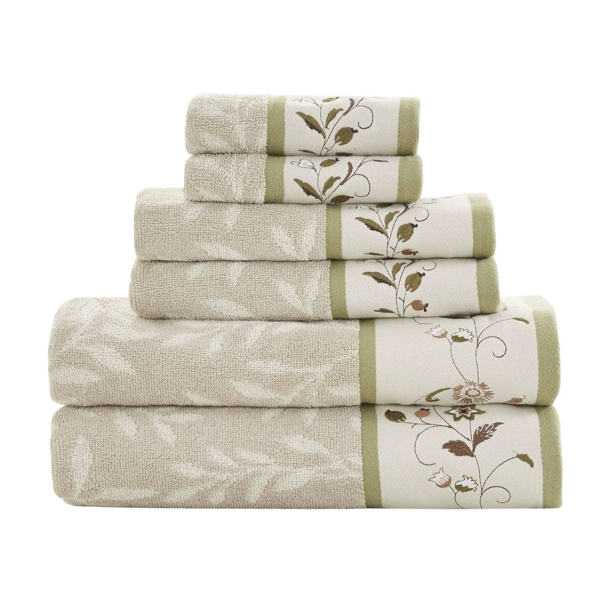 Madison Park - Serene Embroidered Cotton Jacquard 6 Piece Towel Set - Green