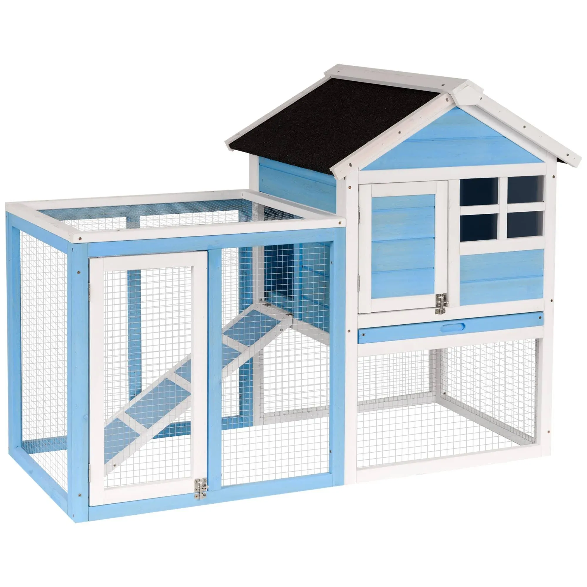 PawHut 48" Wooden Rabbit Hutch Bunny Cage with Waterproof Asphalt Roof, Fun Outdoor Run, Removable Tray and Ramp, Light Blue