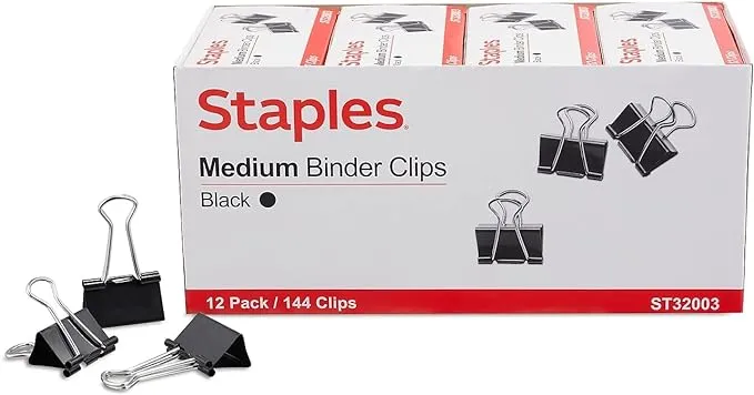 Staples Medium Binder Clips Bulk PK Blk 1 1/4" Size with 5/8" Capacity 144/Pk 395200