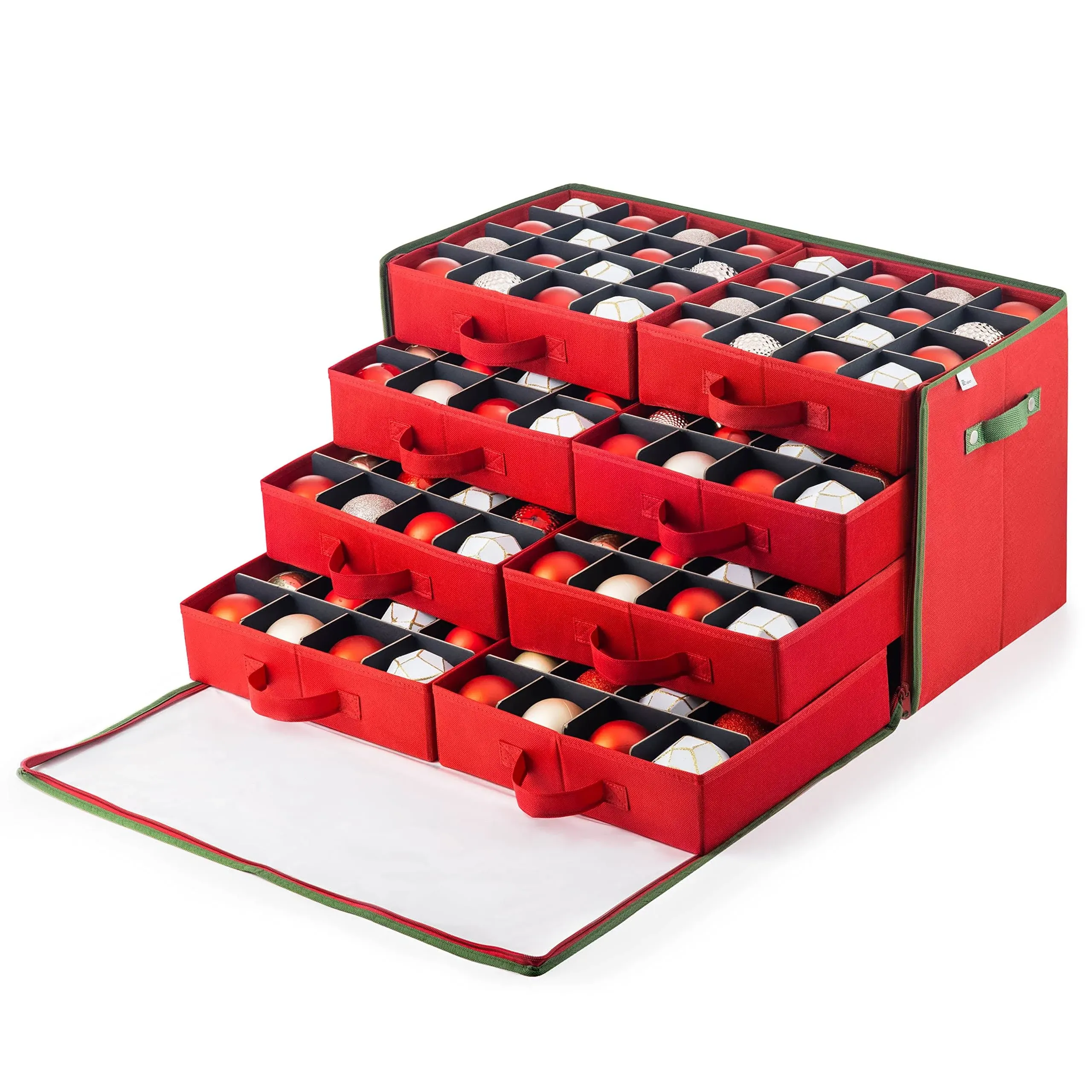 ZOBER Christmas Ornament Storage Box - Stores 128 Ornaments W/Lid- Non-Woven, Tear- Proof Christmas Ornament Storage Containers - 3 Inch Cube Compartments - Red