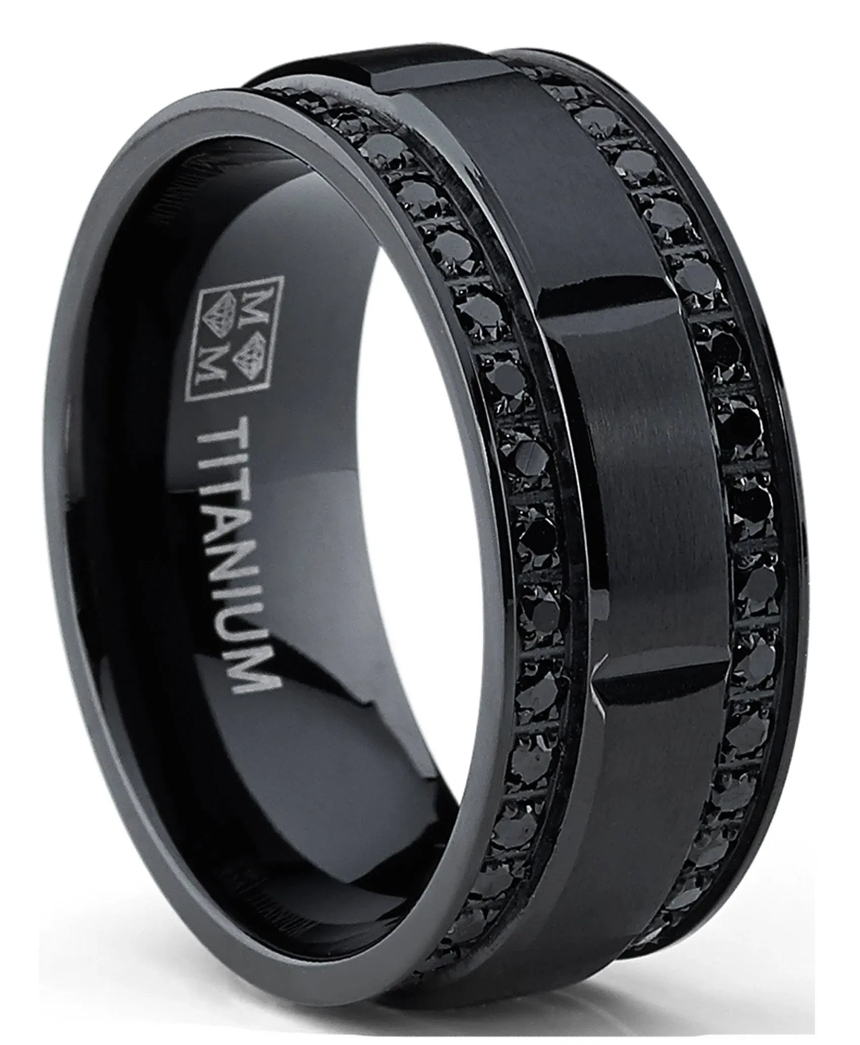 Metal Masters 9MM Mens Black Titanium Wedding Band Ring 1Ct Double Row Black Cubic Zirconia Comfort-Fit