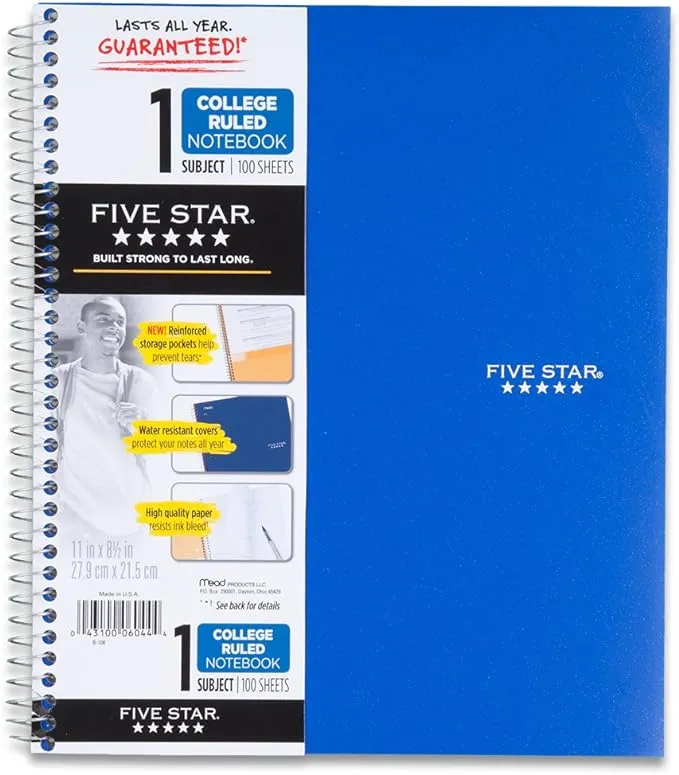 Five Star® Wirebound Notebook Plus Study App, 1 Subject, College Ruled, 8 1/2" x 11", Pacific Blue