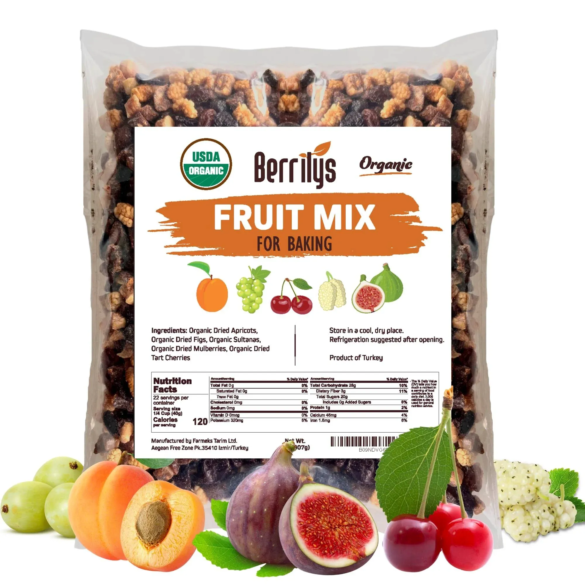 Berrilys Dried Fruit Mix, 2 lbs, Organic, Diced Figs, Diced Apricots, White ...