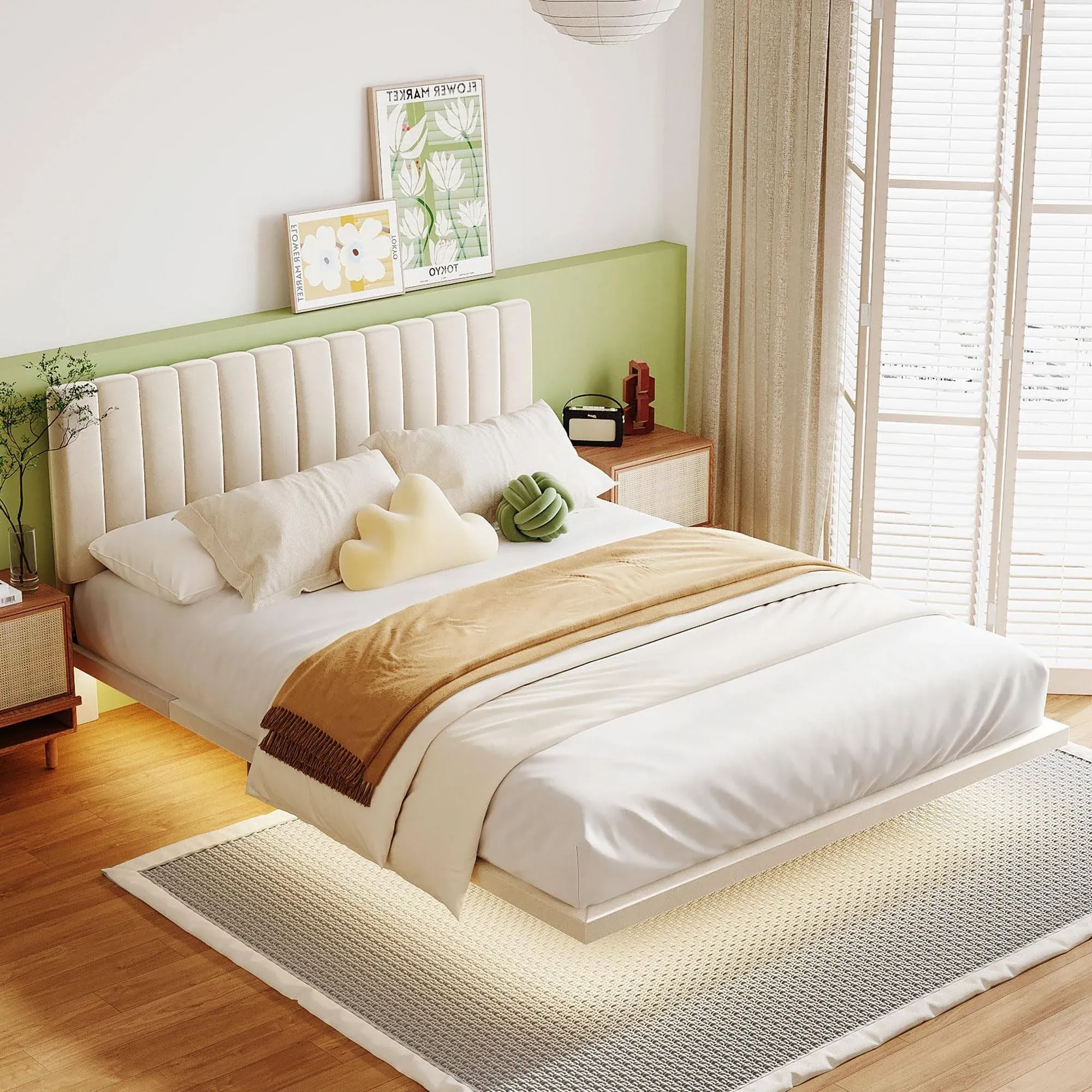 Floating Velvet Queen Platform Bed Frame with Sensor Light and Headboard ...