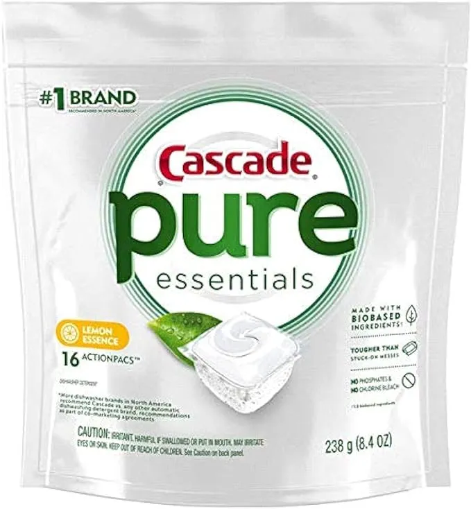 Cascade Pure Essentials Actionpacs, Dishwashing Detergent, Lemon Essence, 16Count, 8.4 Oz