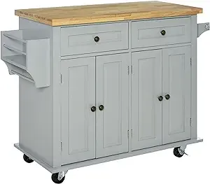 HOMCOM Kitchen Island on Wheels, Rolling Cart with Rubberwood Top, Spice Rack, Towel Rack and Drawers for Dining Room, Grey