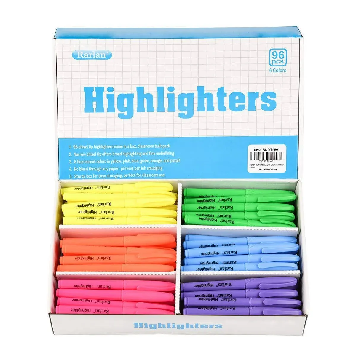 Rarlan Highlighters Chisel Tip Assorted Fluorescent 96 Count Bulk Pack