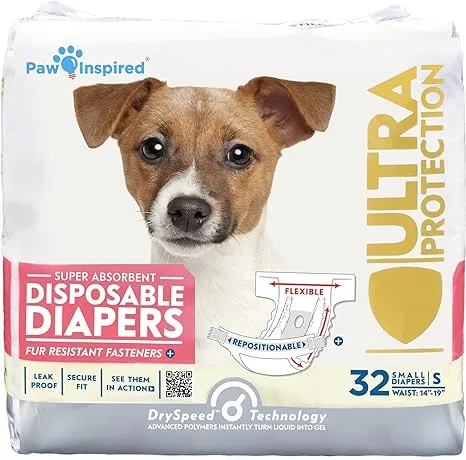 Paw Inspired Disposable Dog Diapers Female| Puppy, Doggie, Cat, Pet Diapers |Diapers for Dogs in Heat Period, Diapers that Stay on, Senior, Excitable Urination, or Incontinence (Small, 32 Count)