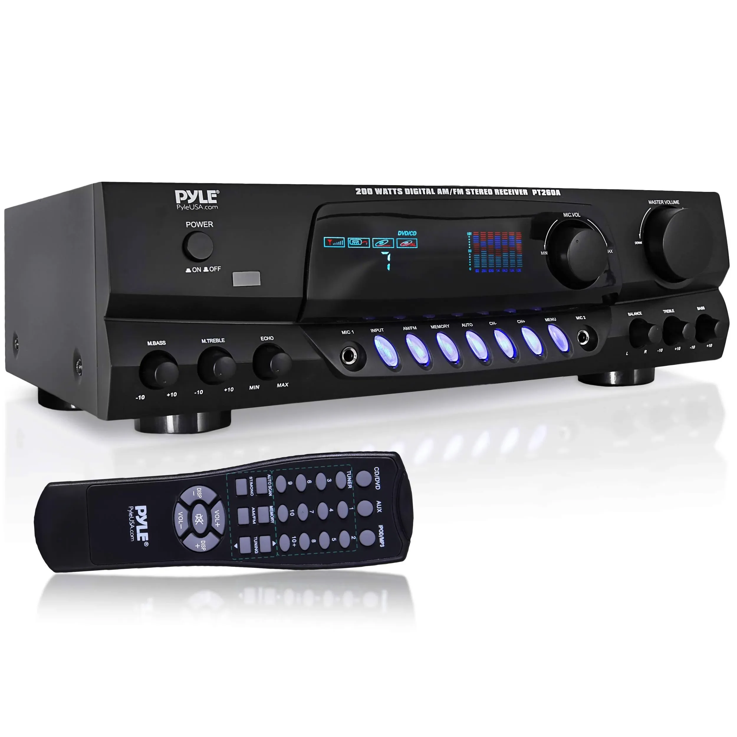 Pyle 200W Home Audio Power Amplifier - Stereo Receiver w/AM FM Tuner, 2 Microphone Input w/Echo for Karaoke, Great Addition to Your Home Entertainment Speaker System - PT260A.5