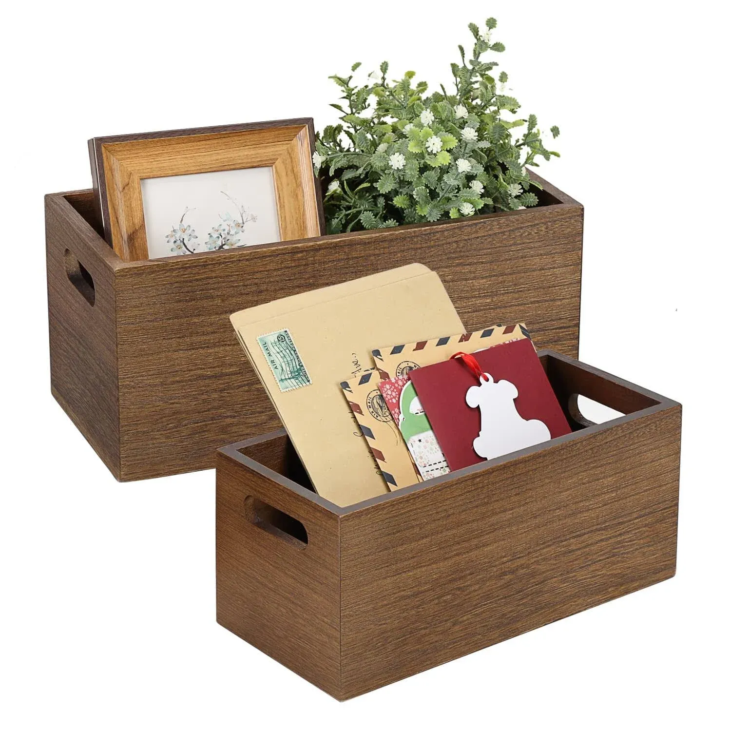 Wood Desktop Mail Organizer Storage Box Office Desk Letters, Postcard, Bills, Mail, Notes Holder, Nesting Set of 2 Small Wooden Boxes with Handles